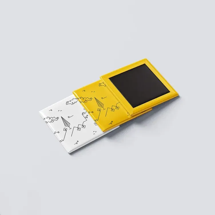 Three square Shiraz Collection magnets in white and yellow, one turned over to show its magnetic back