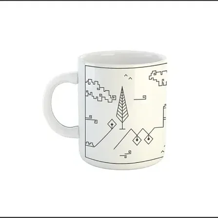 The white Shiraz Collection mug photographed straight on, showing the full wrap of the line drawing