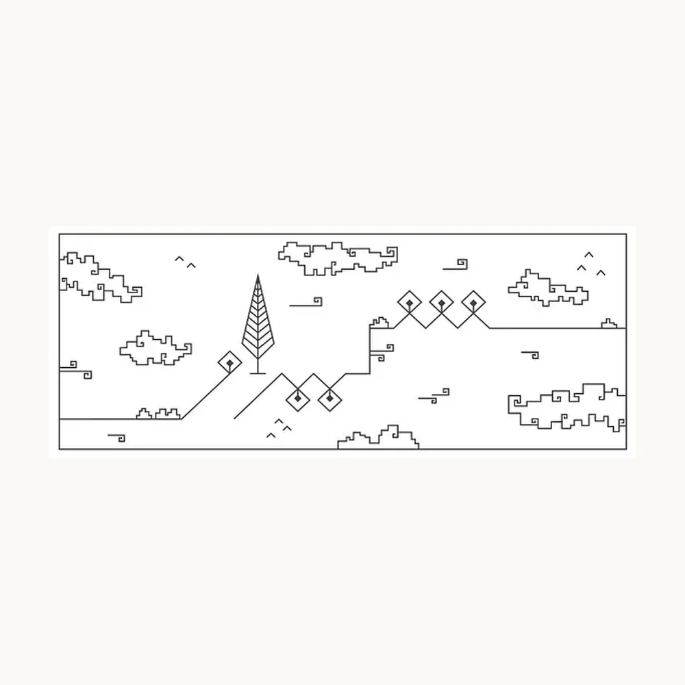 The Shiraz Collection line drawing as printed on the postcard — a cypress, stepped clouds and Persian brick motifs in black on off-white