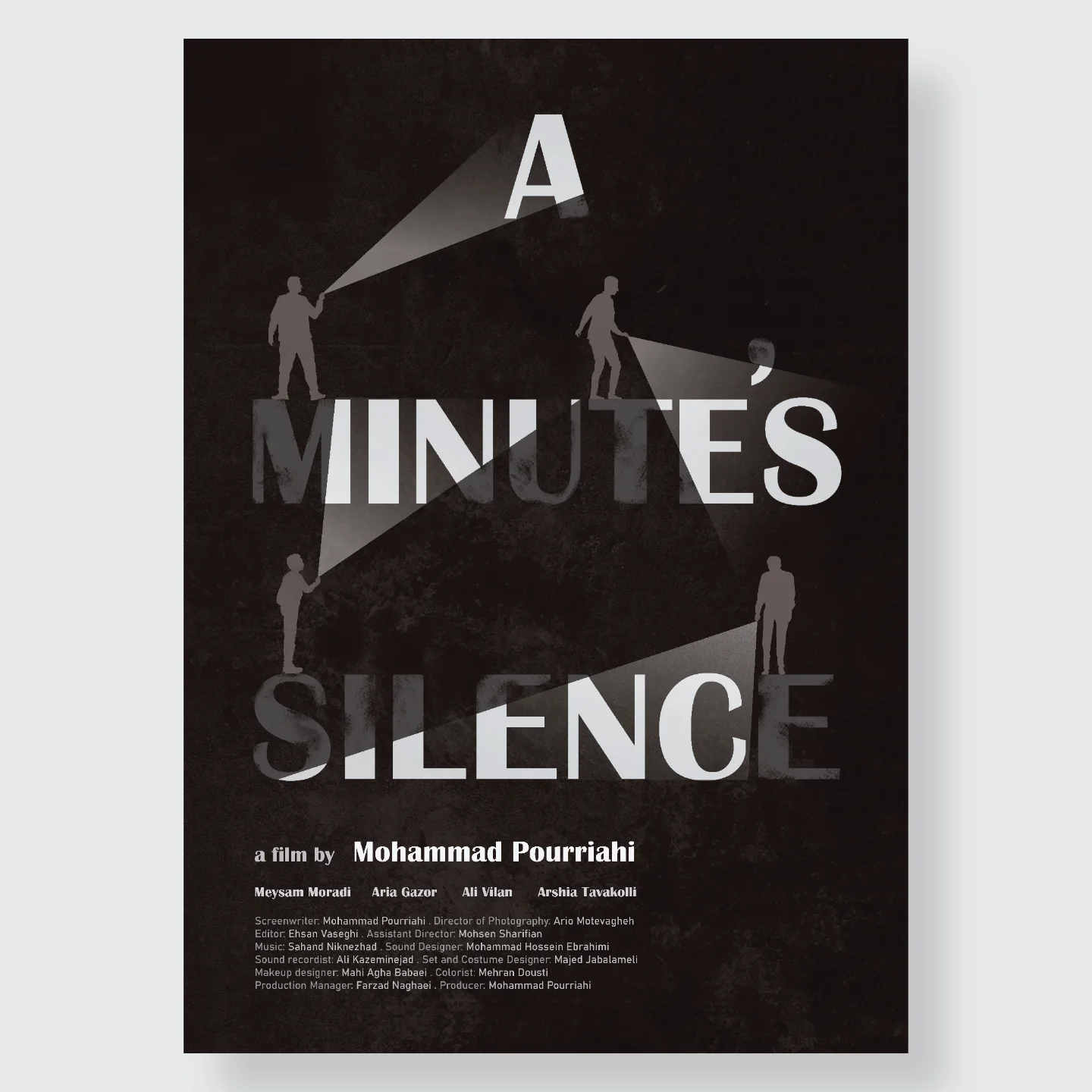 A Minute's Silence film poster with fragmented type, silhouettes and light beams