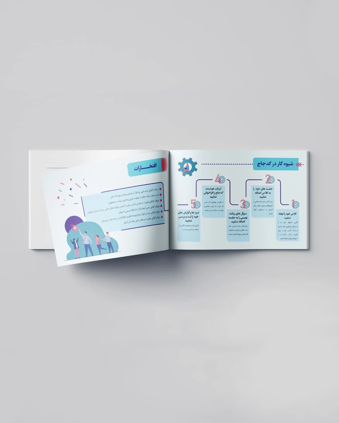Codejudge catalog spread with cyan diagrams and character illustration