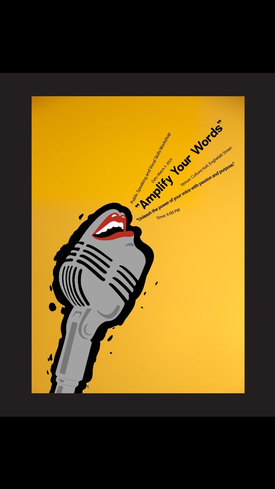 Illustrated microphone with a mouth and diagonal typography on a yellow poster